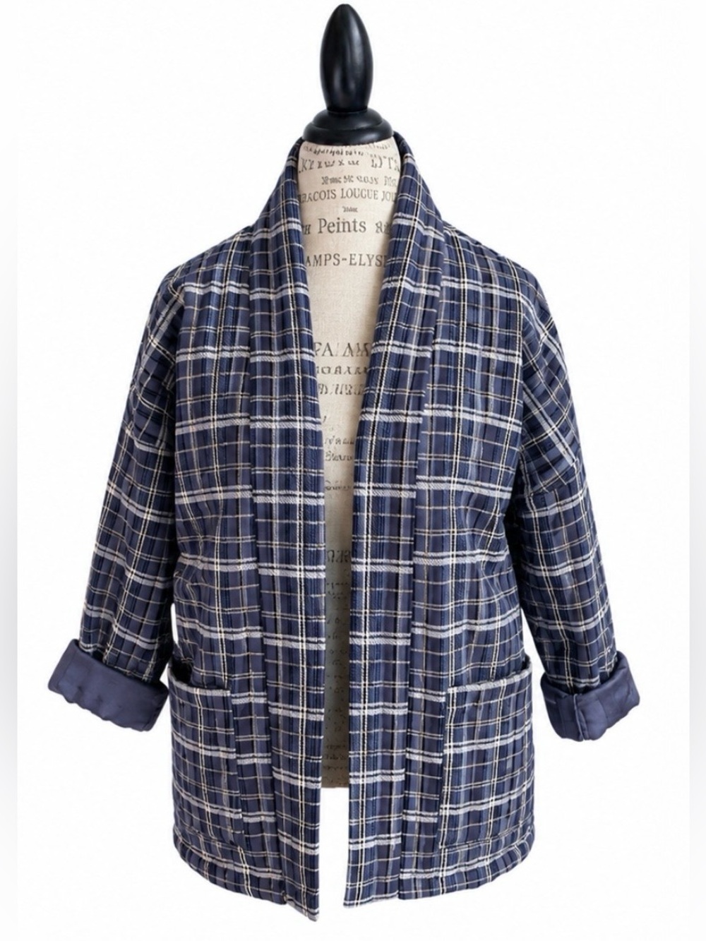 Women’s Navy Plaid Soft Knit Open Front Blazer Jacket size S. NWT